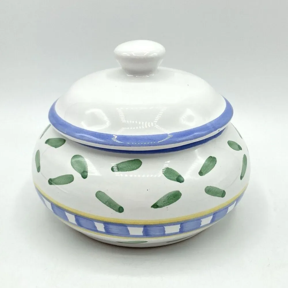 Vtg Williams Sonoma Tournesol Italy Handpainted Sugar Bowl with Lid Blue White